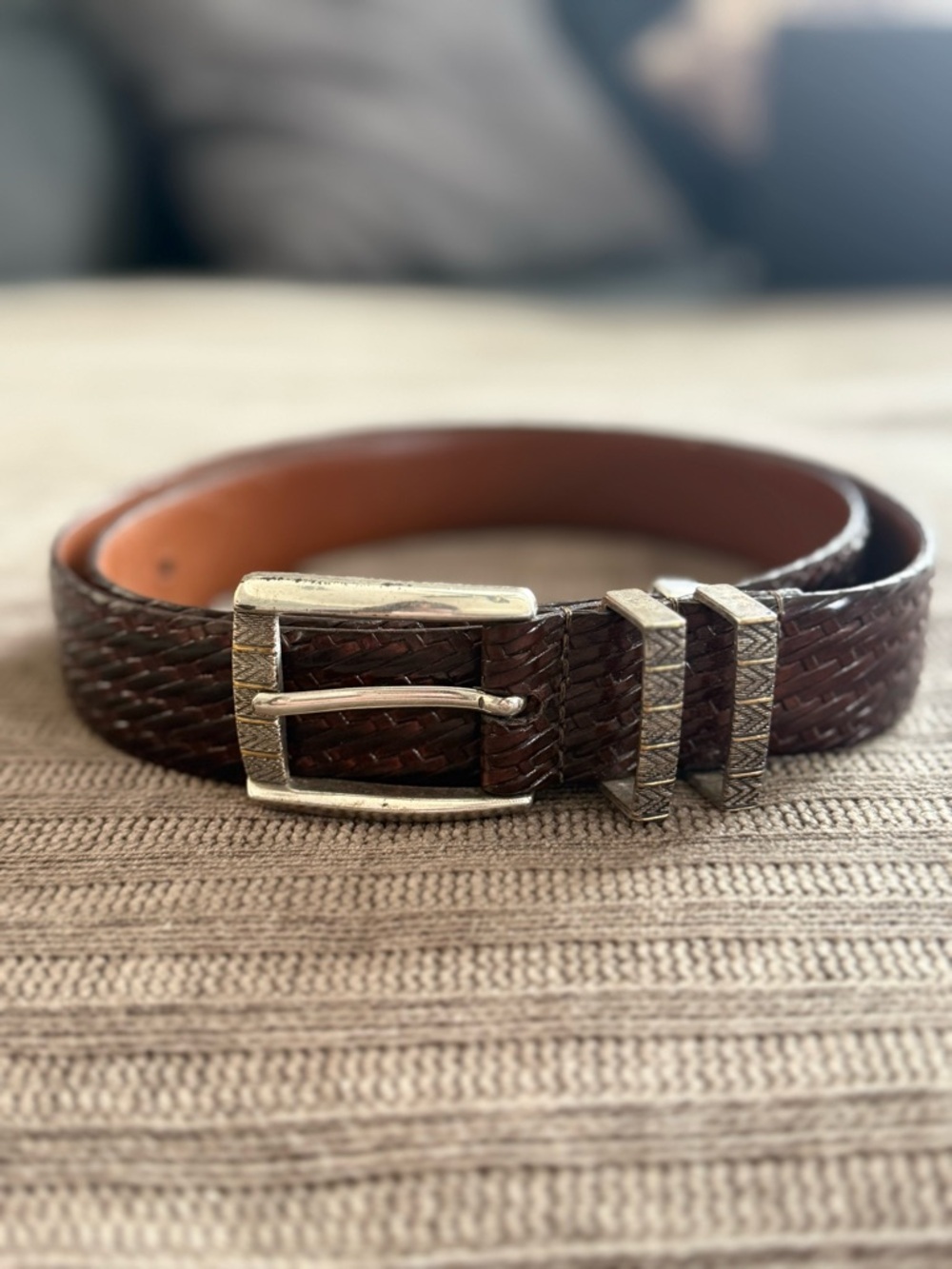Johnston & Murphy Woven Dark Brown Men Leather Belt with Silver Buckle Size 36